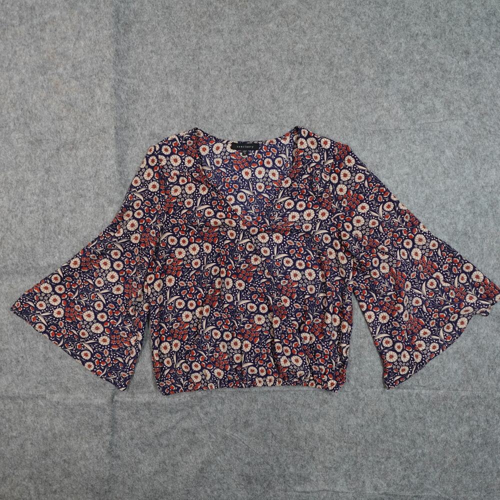 Sanctuary Top Womens Small Floral Cropped Bell‎ Sleeve Boho V-Neck Surplice Navy